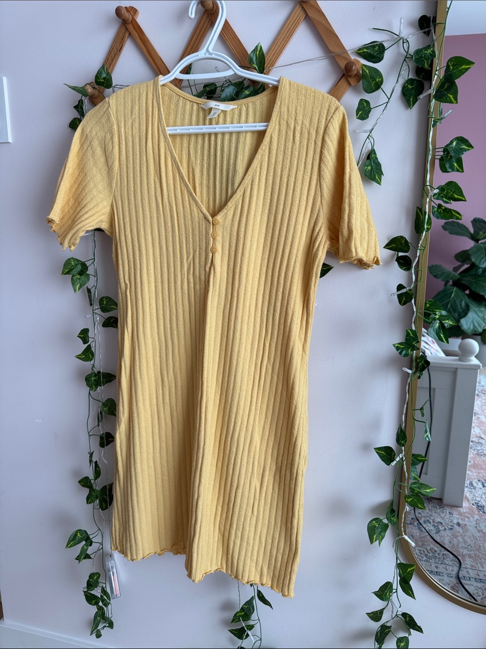 H&M Yellow Ribbed V-Neck Mini Dress